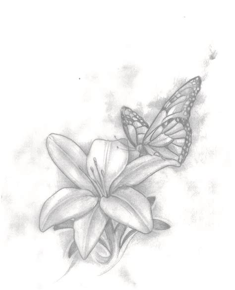 This tattoo is a classic design that emphasizes the intricate details of the flower, rather than the color. . Lily and butterfly tattoo drawing